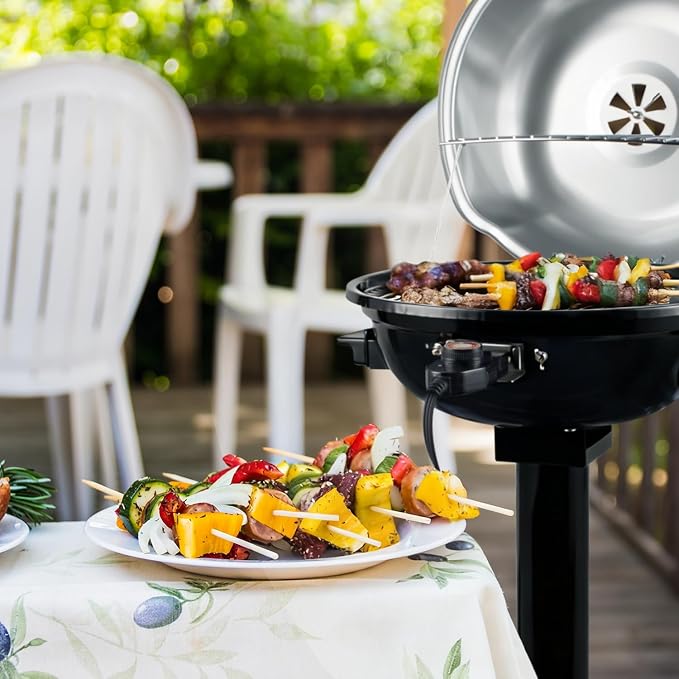 Electric Grill, Techwood Indoor/Outdoor Electric BBQ Grill, 1600W Portable Removable Stand Grill with Adjustable Heat & Drip Tray, Double Layer Design for Party, Patio & Backyard, Dust Cover(Silver)