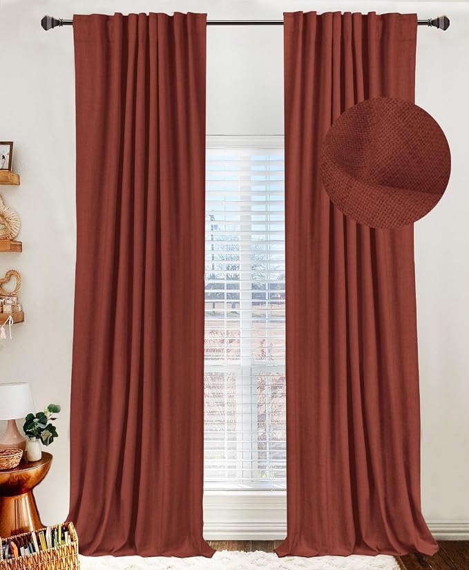 100% Blackout Shield Linen Blackout Curtains for Bedroom 108 Inches Long, Back Tab/Rod Pocket Living Room Drapes, Thermal Insulated Blackout Curtains 2 Panels Set, 50" W x 108" L, Terracotta