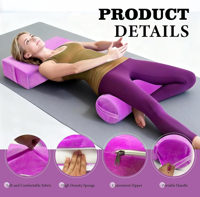 JZHLLA 2 PCS Yoga Bolster Pillow Set Washable Velvet Cover Meditation Bolster with High Density Foam and Carry Handle Rectangular and Cylinder Bolsters for Restorative Yoga