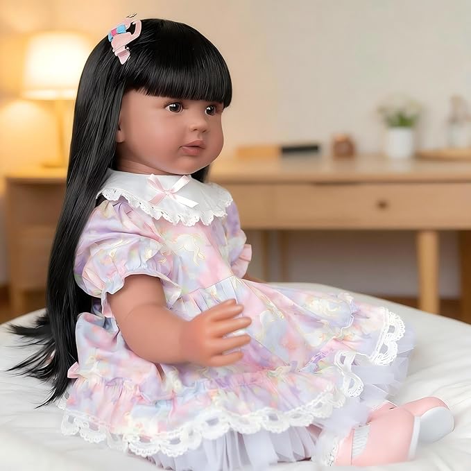 Pinky 24 inch Black Indian Reborn Baby Dolls Girl Soft Vinyl Realistic Look African American Newborn Doll Toddler Doll Toy for Kids 3+