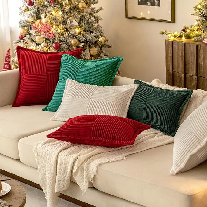 MIULEE Decorative Throw Pillow Covers for Couch 18x18 Inch White 2 Pack | Boho Broadside Striped Patchwork Pillow Covers, Soft Corduroy Cushion Cases, For Sofa Bed Livingroom Home Decor