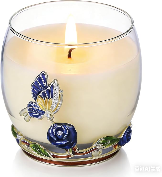 Scented Candles Gifts for Women - Enamel Butterfly & Blue Rose Decorative Glass Jar with Faceted Crystal Lid, Special Candle for Friend Mom Sister Friend, Unique Birthday Mother's Day Christmas Gift