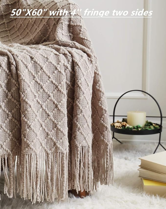CREVENT Farmhouse Knit Throw Blanket for Couch Sofa Chair Bed Home Decoration, Soft Warm Cozy Light Weight for Spring Summer (50''X60'' Beige/Khaki)