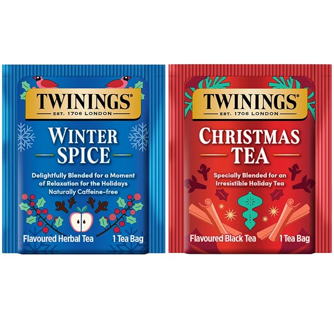 Twinings Holiday Sweet & Spicy Tea Variety 2-Pack – Caffeinated Tea and Caffeine-Free Winter Spice Herbal, Christmas Gift, 20 Tea Bags Ea