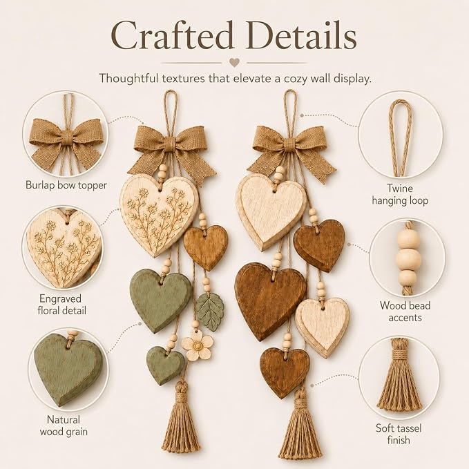 Rustic Solid Wood Heart Wall Hanging, Farmhouse Burlap Bow Decor with Distressed Wooden Hearts & Pendants, Romantic Art for Bedroom & Home Room, Vintage Charm Art Decor Signs(All Styles)