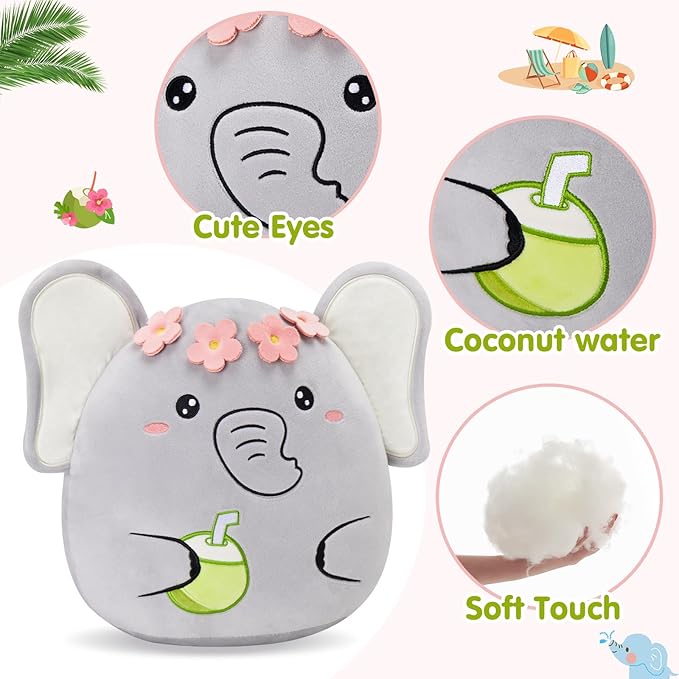 Athionsu 12-Inch Adorable Elephant Plush Toy Flower Crown with Coconut Detail for Toddler Kids and Boys, Great for Bedroom Decor and Cuddling