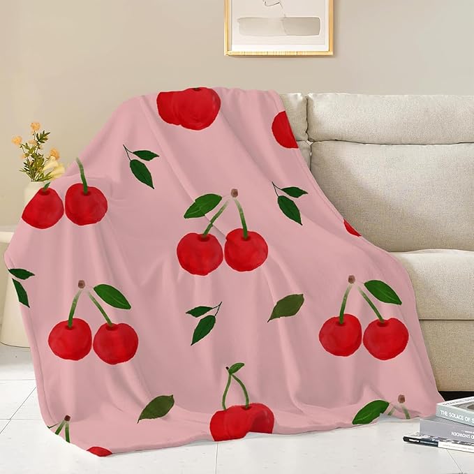NEWCOSPLAY Throw Blanket Cute Soft Aesthetic Fleece Blanket for Kids Girls Boys Teens Cozy Blanket for Bed Couch Camping (Cherry, Throw(50"x60"))