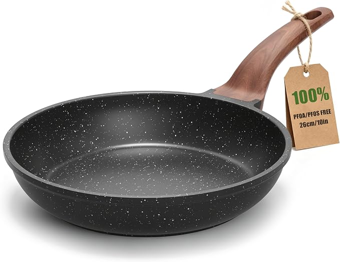 YASHE 10 Inch Granite Nonstick Frying Pan, Induction Ready, Non-Toxic | PFOA/PFOS Free Scratch Resistant with Stay-Cool Handle Omelette Pan for All Stovetops