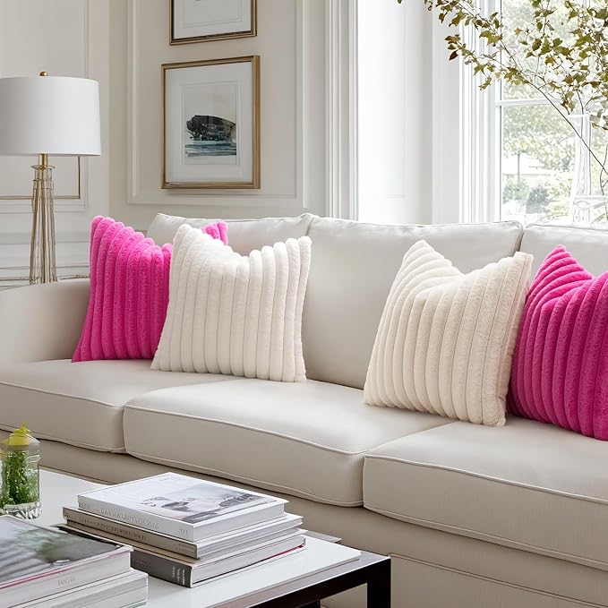 MIULEE Faux Fur Decorative Throw Pillow Covers 18x18 Set of 2 Hot Pink | Retro Vintage Boho Soft Plush Couch Pillows, Cozy Fluffy Cushion Covers for Sofa Bed Living Room Home Decor
