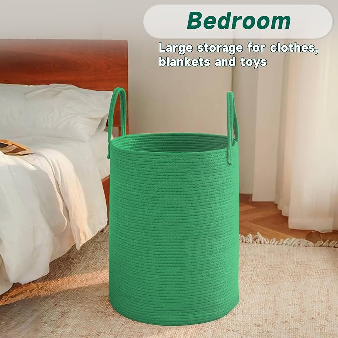 JMvicyroam 80L Cotton Rope Laundry Basket Hamper, Dark Green | Collapsible laundry basket, reinforced handles, freestanding, machine washable, holds 3-5 thick blankets, clothes or toys