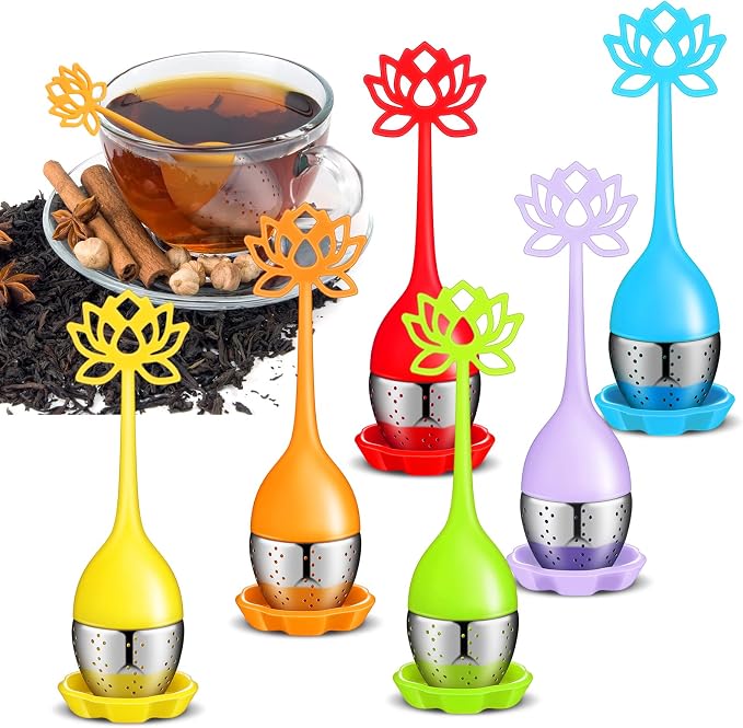Set of 6 Silicone Tea Infuser Filter Loose Leaf Steeper Flower Tea Strainer Spoon Stainless Steel Loose Leaf Ball Handle Silicone Mesh Cup Filter Strainer(Lotus)