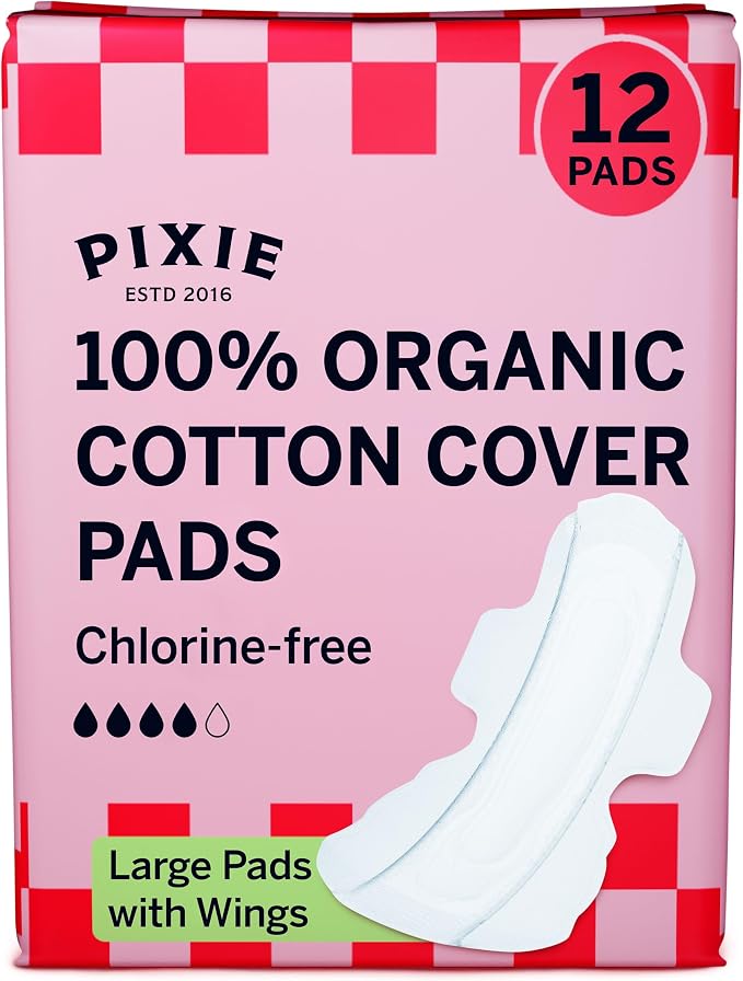 Pixie Organic Pads Ultra Thin Regular Long Cotton Pads with Wings – Comfortable, Leak-Proof Protection for Everyday Flow – Hypoallergenic, Unscented, Soft & Breathable – Eco-Friendly, 12 Count