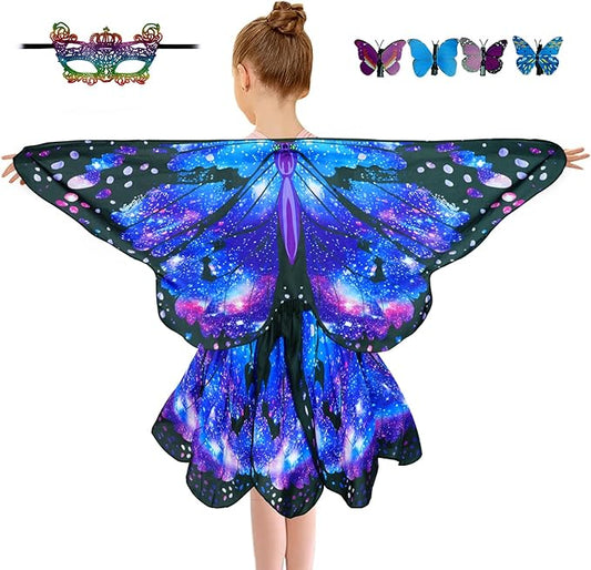 Kids Butterfly Wings Costume for Girls Fairy-Wings Toddler Dress Up Play Costumes Butterfly Skirt Set Mask Party Favors Gifts（starsky blue）