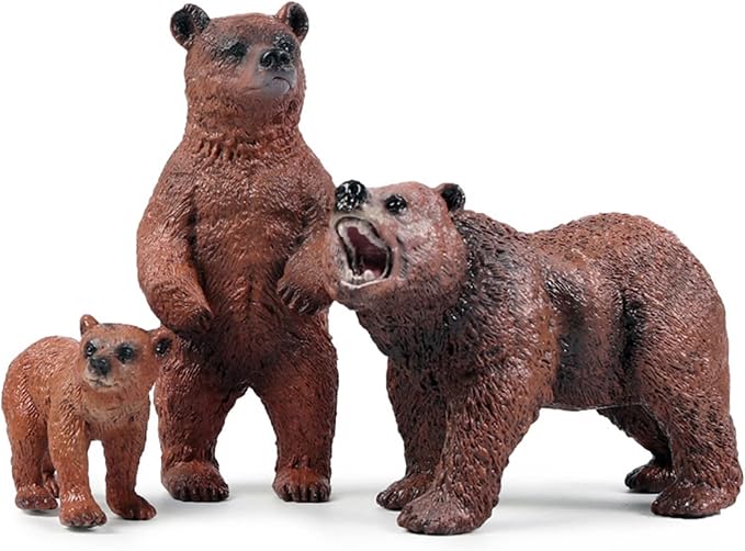 Grizzly Bear Toys Figurines, Plastic Forset Animals Bear Figures for Kids, Realistic Woodland Creature Party Supplies Cake Toppers, Pack of 3
