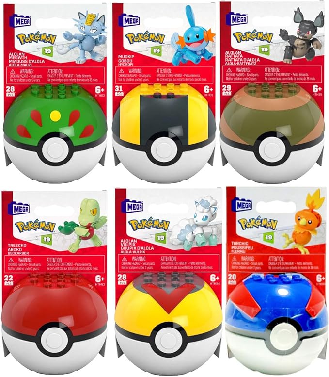 MEGA Pokémon Poké Ball Building Set, Series 19, 6 Figures Including Mudkip, Alolan Meowth, Torchic, Alolan Rattata, Treecko, and Alolan Vulpix FPM00-963K