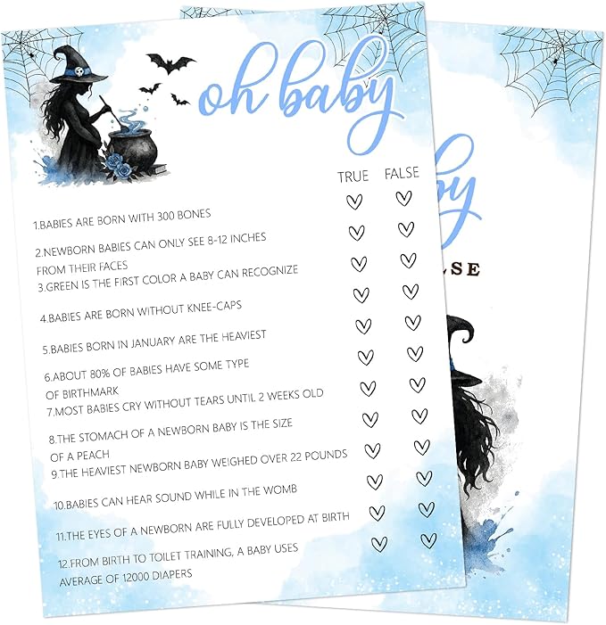 Hilarious Baby Shower Games, 25 Sets Halloween Oh Baby True or False + Answer Card, Blue Witch Gender Reveal Game Cards for Party Announcement Supplies - B06