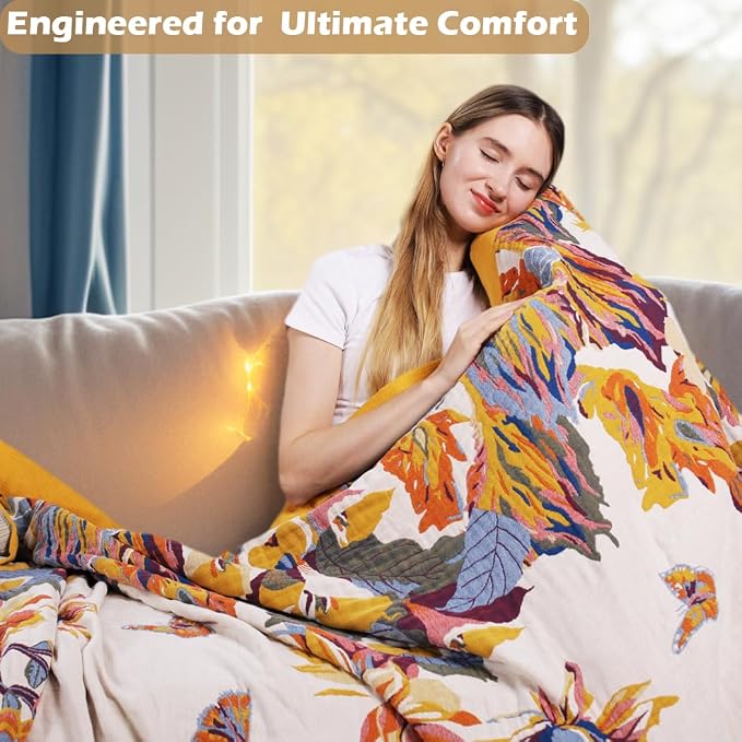 VANJOROY Boho Throw Blanket, 100% Organic Cotton 50x60 for Couch Bed, Beige | Cozy Ultra soft, Breathable, Skin-friendly Lightweight, Rustic Boho Decor,Embroidery Design,All Season Beige Quilt Throw