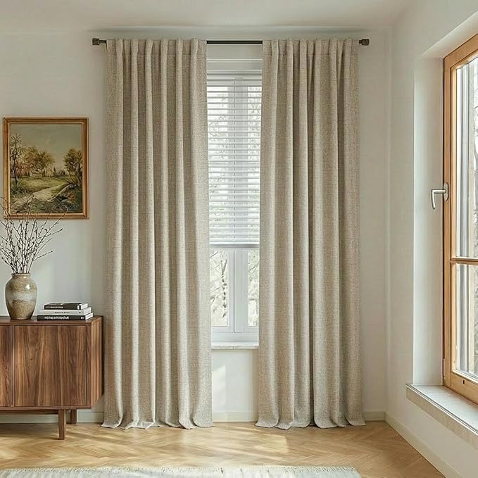 NICETOWN 100% Black Out Curtains 84 inch Long, Beige Curtains with Thermal Insulated Grey Liner, Thick Linen Blend Rod Pocket & Back Tab Draperies for Apartment, Living Room (1 Pair, 52" W per Panel)