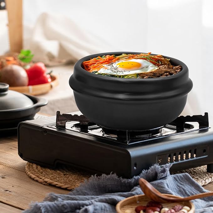Korean Stone Pot Set with Tray and Stainless Steel Spoon, Ceramic Bowl for Bibimbap and Soup, No Lid (1100 ML (37 OZ))