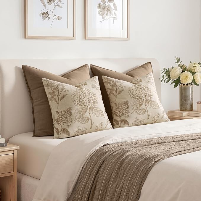 Set of 2 Decorative Floral Pillow Covers 22x22 Inch Tan Beige | Neutral Hydrangea Print, Boho Vintage Throw Cushion Covers, Cottagecore Home Decor, for Sofa Couch Porch Bedroom Living Room
