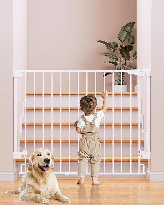 Cumbor 34" Extra Tall No Bottom Bar Baby Gate for Stairs, Hardware Mounted Dog Gate Indoor for Larger Pets, Expandable 29.2-43" Safety Gate for Doorways, Wide Walk Thru Door for Easy Access (White)