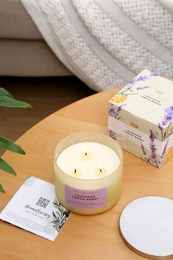 Lavender Lemon Berry 3-Wick Soy Aromatherapy Candle for Women, 15.8 oz | Ylang-Ylang, Cedar & Violet Notes, Calming Floral Lemon Home Scent, Clean Burn, Bedroom, Bath & Spa, Gift for Her & Mom