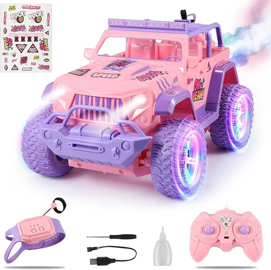 EOQIFJM Remote Control Car for Fog Mist & Music,1:16 RC Cars for Kids with DIY Sticker & Colorful Lights,2.4GHz All Terrain SUV Cars Toys Gifts,Pink,Dual Control