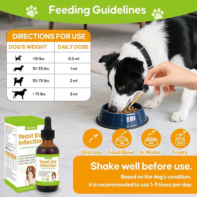 Dog Yeast Ear Infection Treatment Drops, Relieves Ear Redness Discomfort Itching and Allergy, Reduces Inflammation Irritation, Herbal Drops for Itchy Skin Ear Odor Relief for Dog Yeast Ear Infection