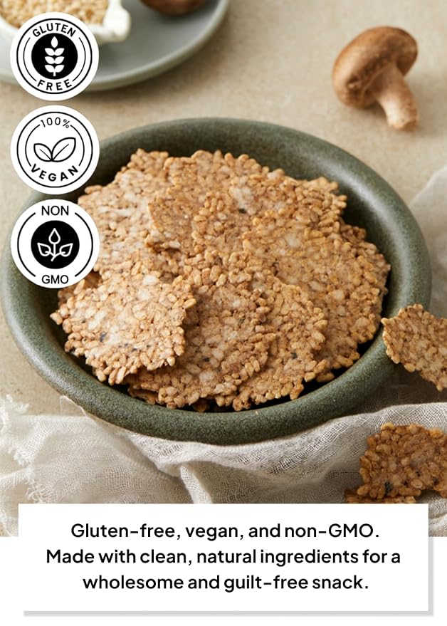 Korean Food Brown Rice Chips with Shiitake Mushroom, Vegan, 3.17 oz (90g) | Pressed brown rice chips with shiitake mushroom, made without frying and suitable for vegan diets
