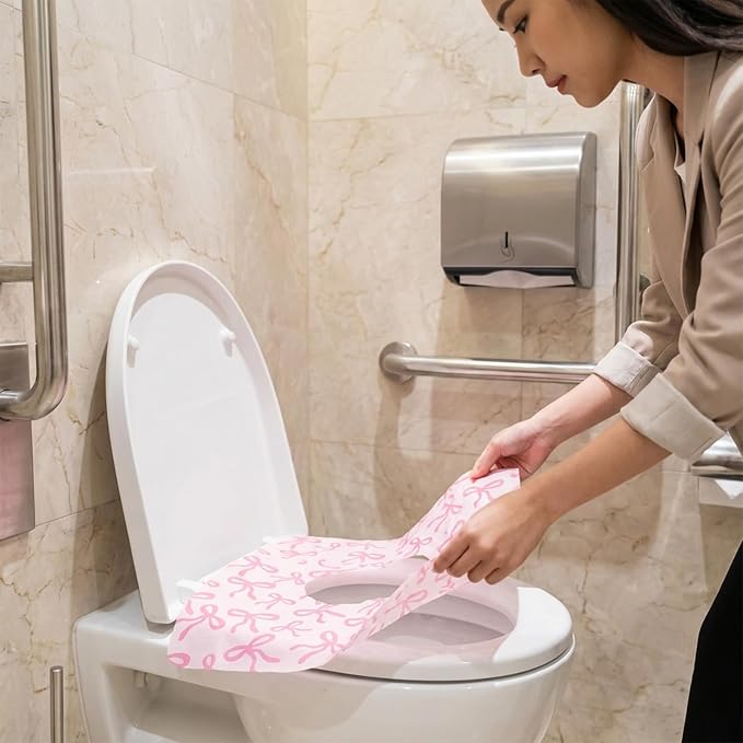 Whaline 30Pcs Pink Bow Disposable Toilet Seat Cover Cute Coquette Bowknot Large Waterproof Potty Training Seat Cover Pad for Kids Adults Traveling Home Hotel Bathroom Restroom