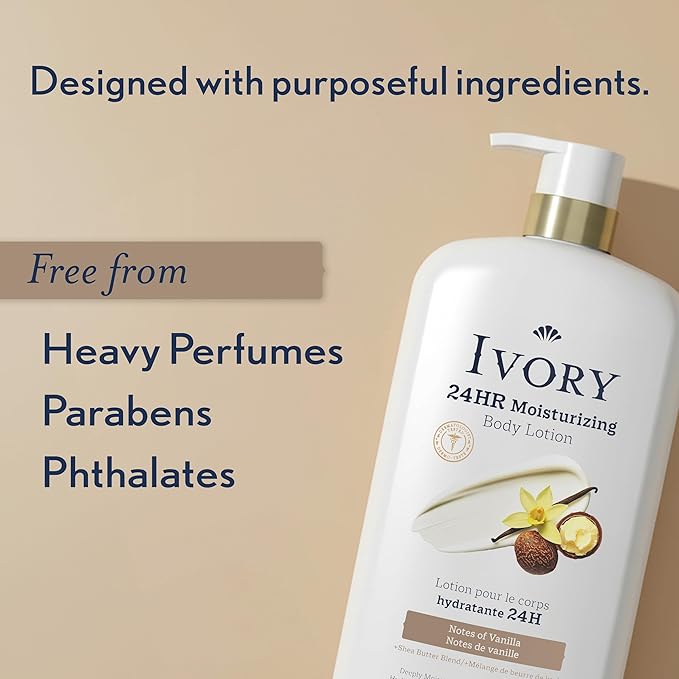 Ivory Hand & Body Lotion, 24hr Moisturizing, Repairs Extra Dry Skin, All Day Hydration, Lightweight Formula, Absorbs Instantly, Perfect for Daily Use, Shea Butter Blend, Vanilla Scent, 27 fl oz