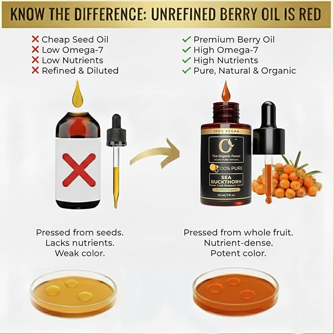 Organic Sea Buckthorn Oil Cold Pressed - 100% Pure Seabuckthorn Oil for Face, Skin & Hair | Anti-Aging, Acne & Dry Skin Care