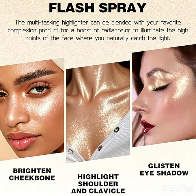 Champagne Face and Body Highlighter Spray for Natural Glow Makeup, 0.14oz | High Gloss Powder, Waterproof Shimmer Spray for Women Mardi Gras Singer Concert Music Rave Festival Outfits Accessories