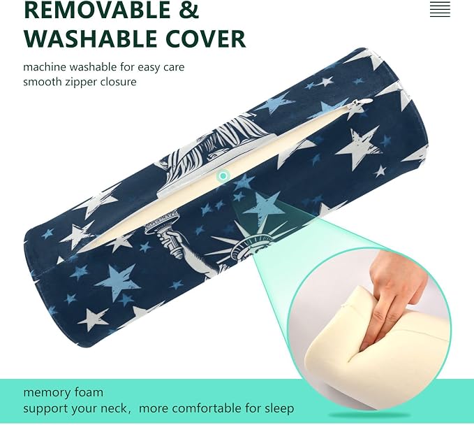 July 4th Statue of Liberty Stars Blue Neck Roll Pillow Bolster Round Health Memory Foam Long Cervical Cylinder Pillows with Removable Washable Cover for Body Bed Legs Back Yoga