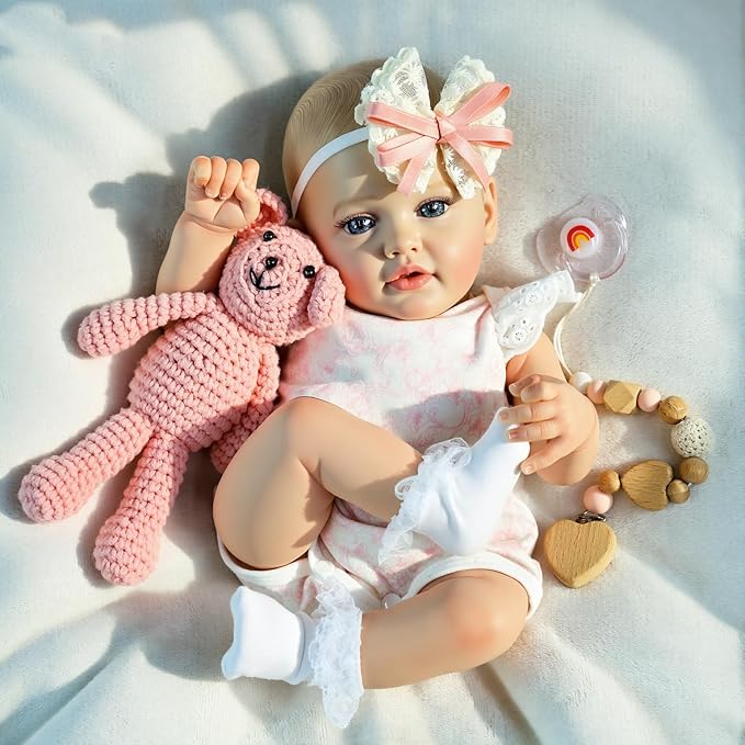 SCOM 18" Realistic Reborn Baby Girl Doll, Weighted Soft Cloth Body & Poseable Vinyl Limbs, Hand-Painted Details, Feeding Set, Lifelike Newborn Gift for Kids 3+ / Collectors