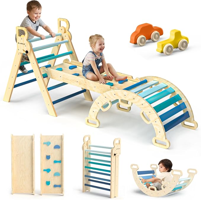 BlueWood Pikler Triangle Set with Safe Handle, Foldable 7-in-1 Montessori Toddler Climbing Toys Indoor, Wooden Pickler Climbing Set, Baby Jungle Gym & Playground, Climbing Toys for 1-3 Year, Sky Blue