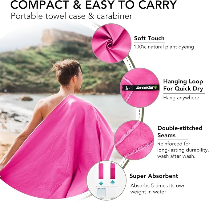 4Monster Quick Dry Travel Towel with Case & Carabiner – Super Absorbent Microfiber Gym & Camping Towel. Compact, Lightweight, Fast Drying for Beach, Swimming, Hiking, Backpacking