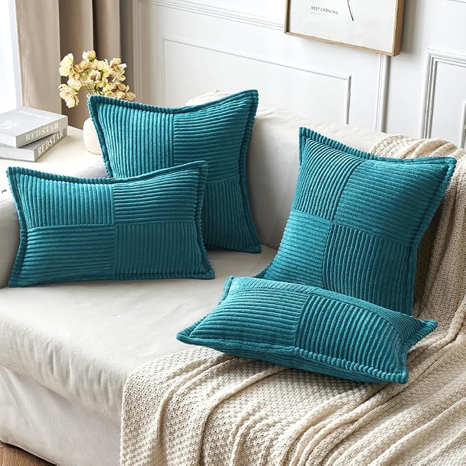 MIULEE Decorative Throw Pillow Covers for Couch 20x20 Inch Teal Blue 2 Pack | Boho Broadside Striped Patchwork Pillow Covers, Soft Corduroy Cushion Cases, For Sofa Bed Livingroom Home Decor