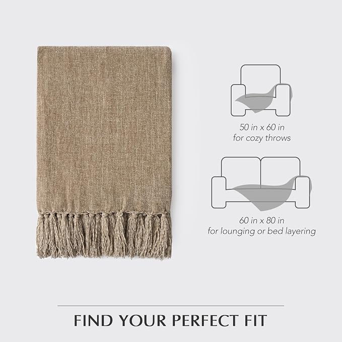 Chenille Knit Throw Blanket for Couch, 50"x60", Beige | Cozy Plush Fuzzy Knittd Throw with Tassels, Lightweight, Decorative, Farmhouse Decor, Ideal for Bed Sofa Gift, All Seasons