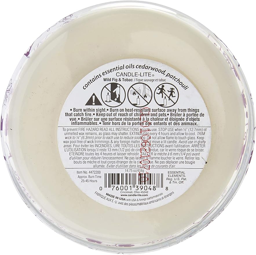 Essential Elements by Candle-Lite Company Scented Wild Fig & Tobac 3-Wick Jar Candle, 14.75 oz, Off White