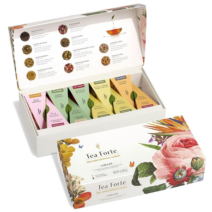 Tea Forte Premium Petite Presentation Box Gift Set Sampler, 10 Count, 2 of Each Blend Individually Wrapped Handcrafted Pyramid Infuser Bags, Jubilee