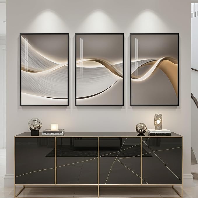 Large Framed Modern Luxury Abstract Wall Art for Living Room, 3 Piece Contemporary Elegant Bright Prints Paintings, Minimalist Grey Gold Line Pictures for Bedroom, Entryway, Office Wall Decor 24x36 In