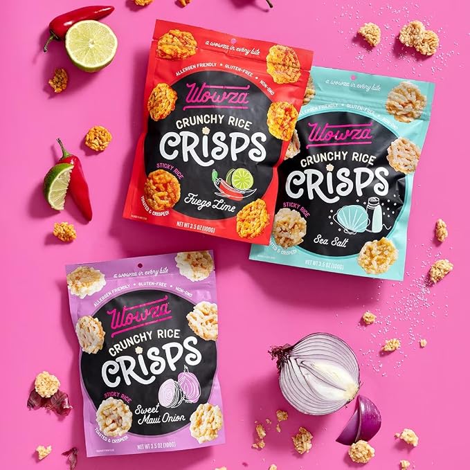 Wowza Sea Salt Crunchy Rice Crisps | Gluten Free Snack, Non-GMO, 8 Pack | Lightly salted, Healthy chip alternative, Kid-friendly, 3.5 oz bags, No artificial flavors, Allergen-friendly, Guilt-free