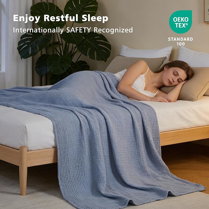 EMME Cotton Muslin Twin XL Blanket Breathable Gauze Soft Lightweight Blankets Adults Gifts for Women (Heather Dusty Blue, 66"x90")