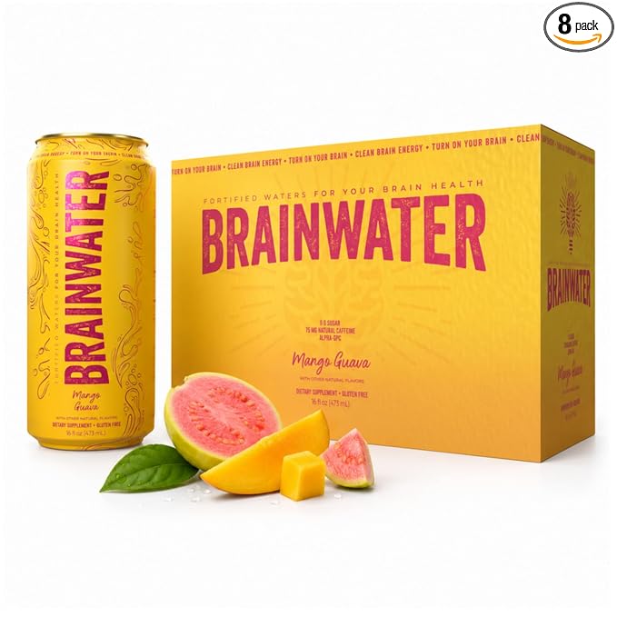 BrainJuice BrainWater Calm, Water for Clean Energy, Focus & Relaxation Support, Gluten Free, Zero Sugar Drinks with Ashwagandha, Alpha GPC, Vitamin C & B, Organic Green Tea, 8 Pack (Mango Guava)
