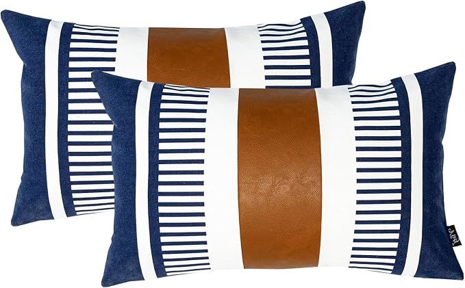 Set of 2 Navy Blue and White Stripe Throw Lumbar Pillow Covers 12x20 inch,Faux Leather Modern Accent Boho Cushion Cover for Couch Living Room Bedroom