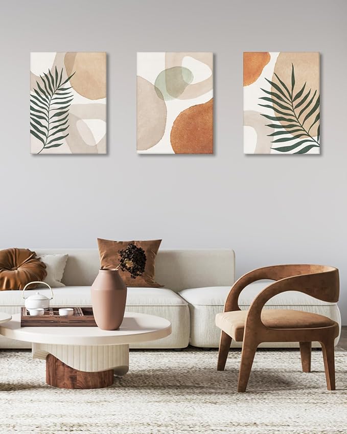 HesenDot Abstract Botanical Wall Art Set of 3, 40x60CM Neutral Plant Framed Canvas Prints, Beige Green Boho Aesthetic Wall Decor for Living Room Bedroom Bathroom Office Home