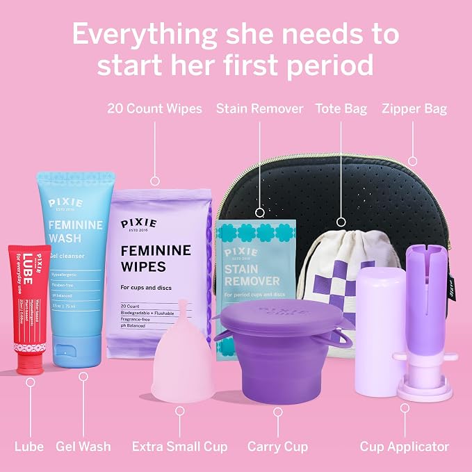 Pixie Cup Teen Menstrual Cup Kit - Best First Period Cup Starter Kit - Wash, 20 Wipes, Lube, Public Restroom Carry Cup & Storage Bag - Proven to Be What You Need to Become A Successful Cup User