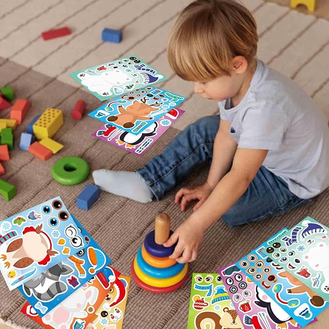 24 Sheets Winter Stickers for Kids Toddlers, Make-a-face Stickers Make Your Own Winter Animal Stickers, Winter Holiday Gifts Christmas Party Decorations Supplies