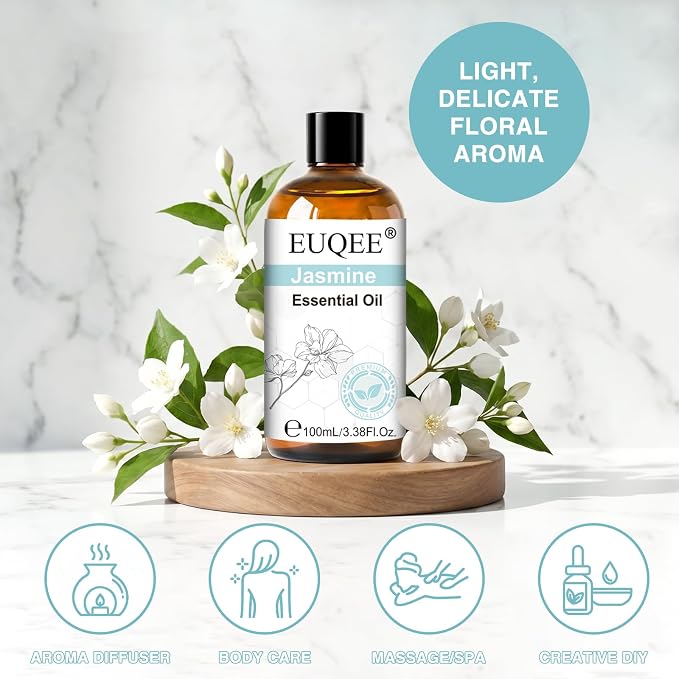 EUQEE 100ml Jasmine Essential Oil, Pure Jasmine Essential Oil for Diffuser, Massage, DIY Soap,Candle Making, Skin & Hair Care - 3.38 Fl Oz